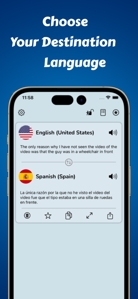 Language Translator Converter - Pantalla de aplicación de teléfono inteligente que muestra una traducción del inglés al español
