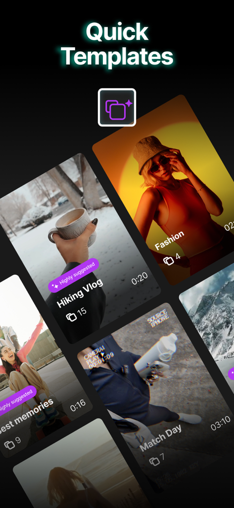 A library of quick video templates for hiking vlogs fashion and social media reels within the Video Up app
