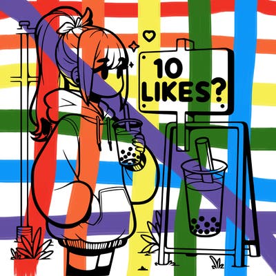 girl with oversized hoodie drinking boba and she has a high ponytail with a sign that says 10likes?