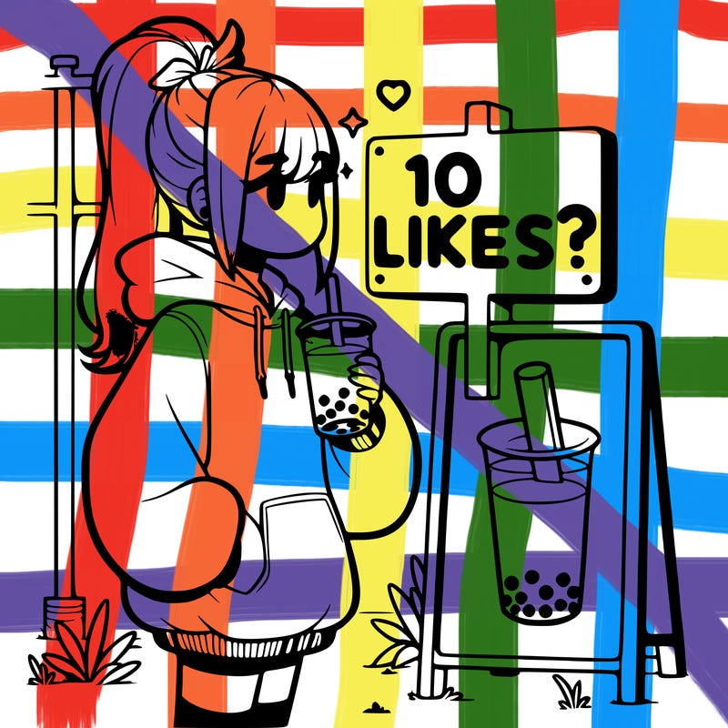 girl with oversized hoodie drinking boba and she has a high ponytail with a sign that says 10likes?