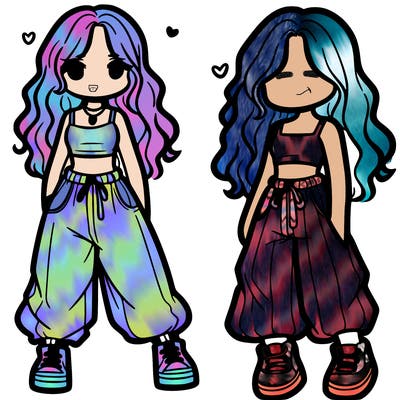 girl in baggy pants crop top and long hair