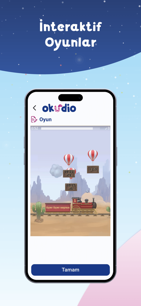 OKUDIO - Interactive math game for children in the Okudio app featuring a train and numbered balloons.