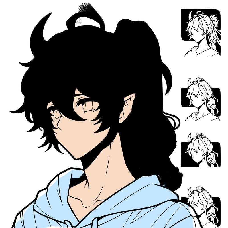 realistic hot anime boy with horns and long messy hair put in a pony tail