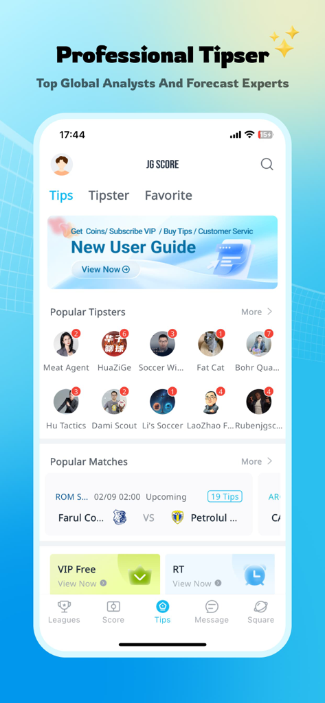 JG Score-Football Tips - JG Score mobile app interface showing a list of professional sports tipsters and upcoming matches