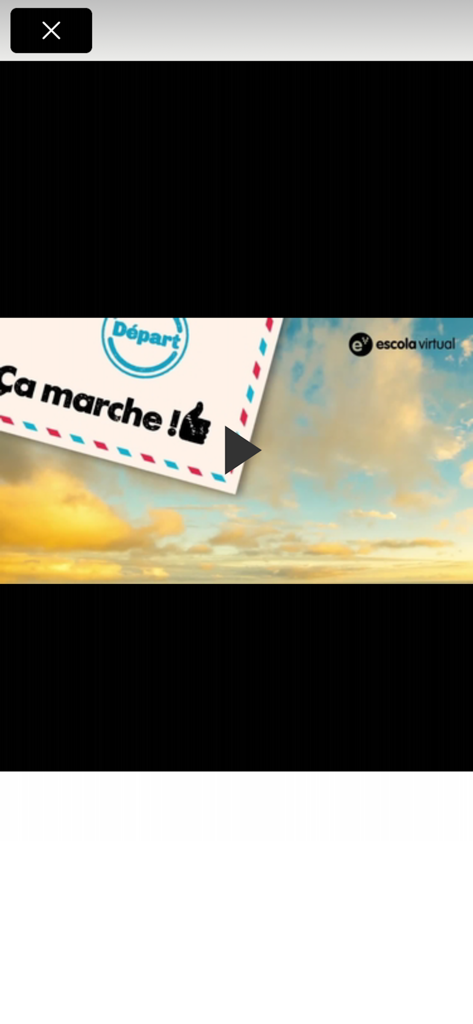 Un lecteur vidéo dans l'application EV Smart Book affichant une ressource éducative de langue française avec un bouton de lecture.