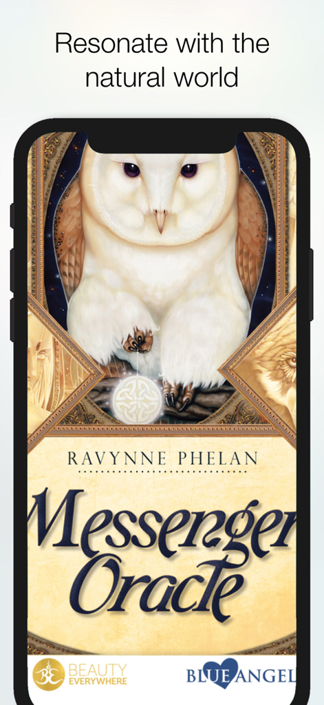 Messenger Oracle app splash screen featuring a white owl illustration and the text Resonate with the natural world