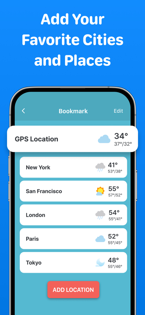Weather Radar - Weather Sky - Bookmark screen in Weather Sky app showing weather for multiple cities like New York and London