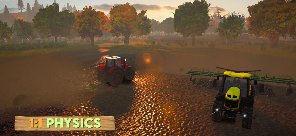 Farm Sim 2024 - Two tractors cultivating a muddy field at sunset in Farm Sim 2024 featuring 1:1 physics