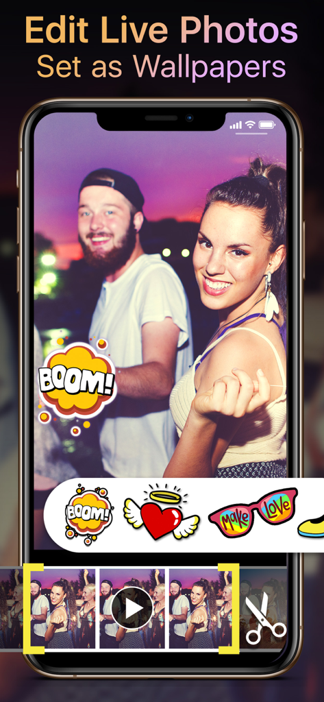 Cool Live Wallpapers Maker 4k - Interfaz de la aplicación Creador de Fondos de Pantalla Animados que muestra cómo editar Live Photos con pegatinas y establecerlas como fondos de pantalla.