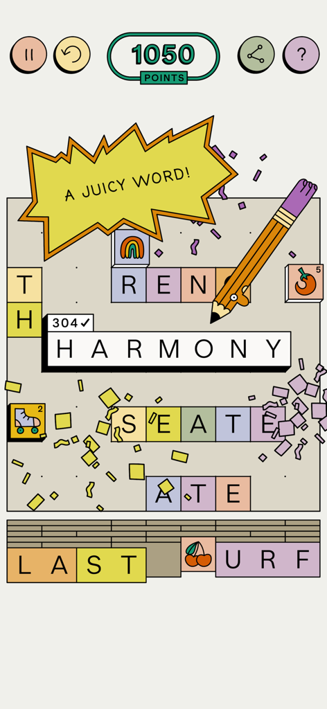 GUBBINS — It's a word game - Gubbins word game interface showing quirky cartoon characters and word puzzles including the word HARMONY