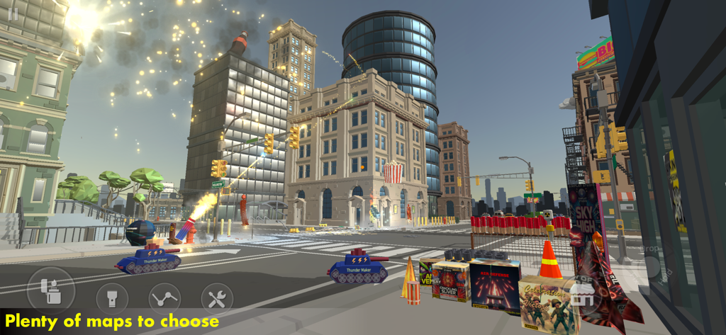 Un mapa de ciudad 3D en Fireworks Play con edificios y elementos explosivos