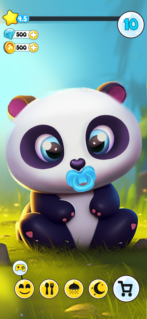 Pu - Care panda bears - Cute baby panda Pu with a blue pacifier sitting on grass in the game home screen