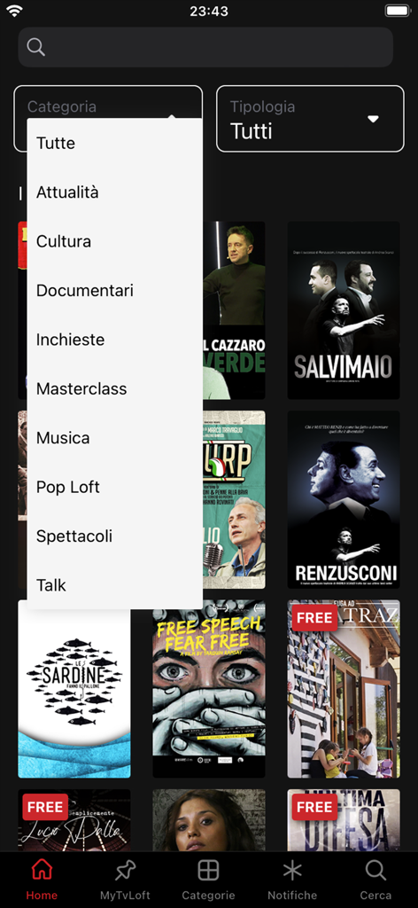 TvLoft - TvLoft mobile app interface with the category dropdown menu open displaying sections like documentaries and masterclasses.