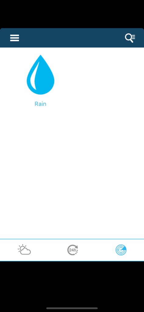 Weather for Brazil - Interfaz de la aplicación El tiempo en Brasil mostrando un gran icono de gota de lluvia azul y el menú de navegación.