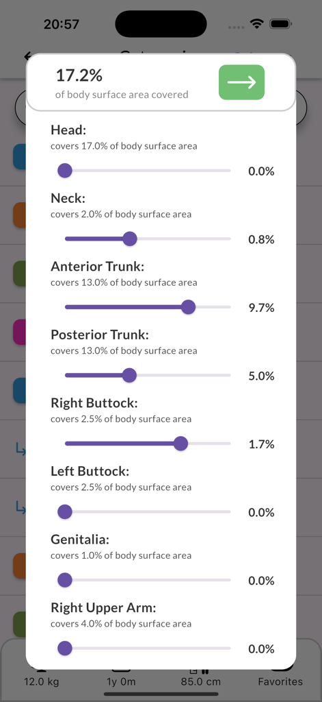 Pedi STAT EMS - 小児熱傷表面積計算画面。身体部分のスライダーと合計パーセンテージが表示されます。