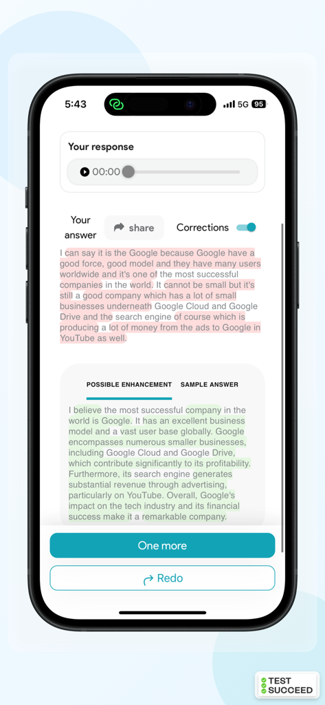 IELTS Practice & Mock Tests - Pantalla de la aplicación IELTS Practice que muestra retroalimentación automatizada con correcciones de texto y respuestas modelo