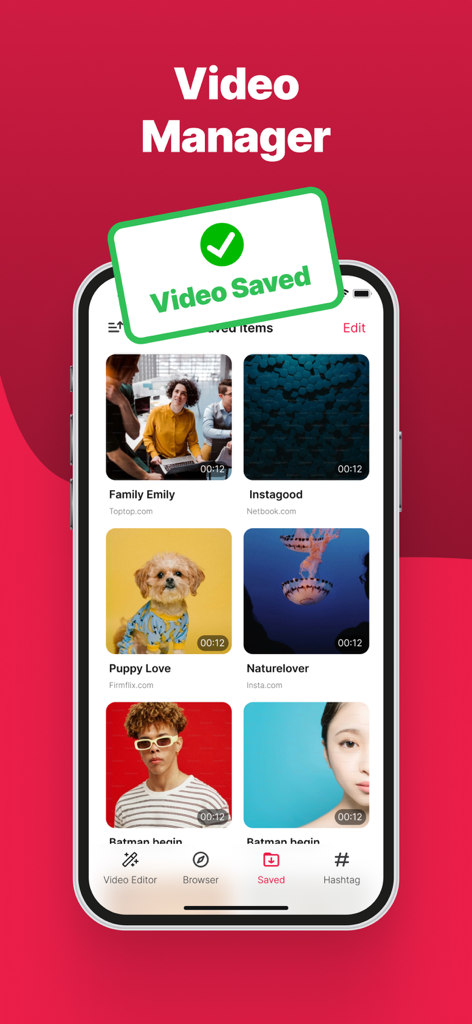 ClipCatch: Save & Edit Video - A mobile interface of the ClipCatch app showing a library of saved videos with a green video saved notification.