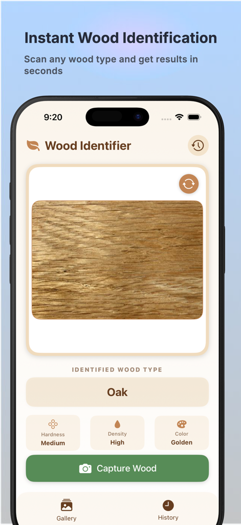Wood Identifier AI Scanner - Wood Identifier AI Scanner app interface displaying identified oak wood with hardness and density properties.