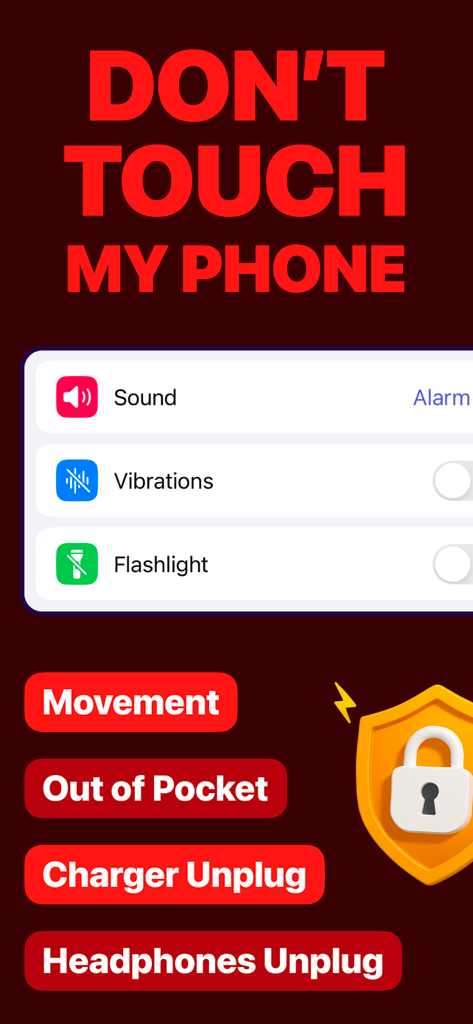 Crook Catcher Anti Theft Alarm - Interface of the Crook Catcher anti-theft app showing alarm options for movement, out of pocket, and charger unplug alerts