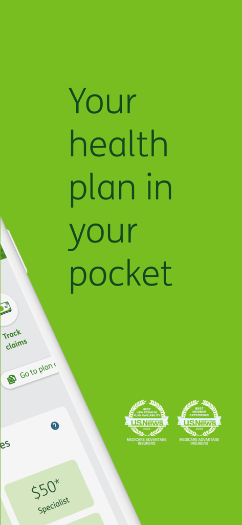 MyHumana - Interfaz de la aplicación MyHumana que muestra el eslogan Tu plan de salud en tu bolsillo con insignias de premios para aseguradoras Medicare Advantage