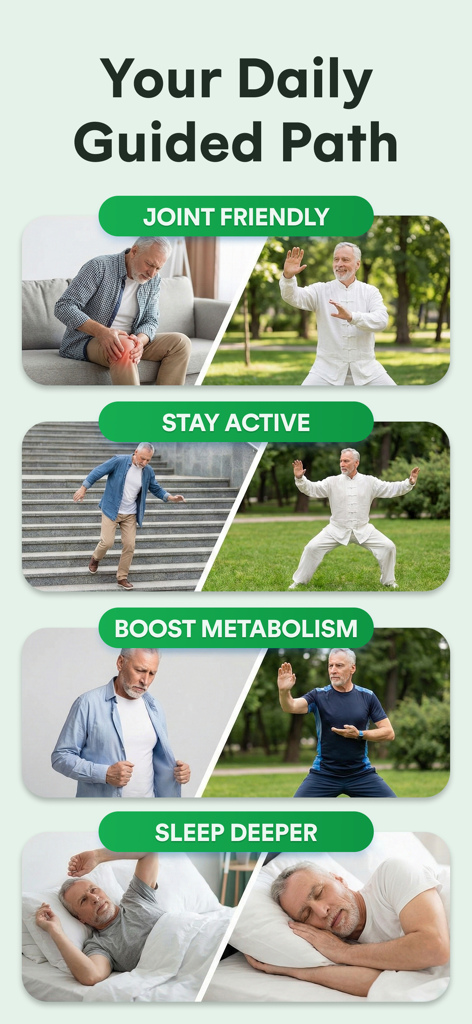 Tai Chi Workout for Seniors - Gráfico que muestra los beneficios del Tai Chi para personas mayores, incluida la salud de las articulaciones, la movilidad, el metabolismo y la calidad del sueño