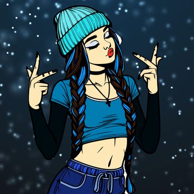 realistic teenage girl with braids and a beanie and crop top doing 🫶🏼