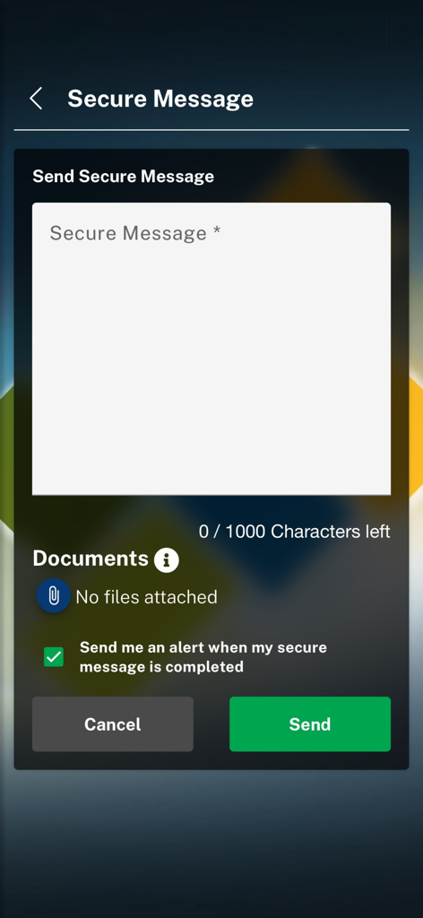 Secure message interface in the ECAB Mobile app for encrypted banking communication.