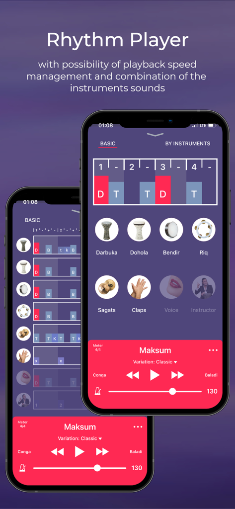 Darbuka Rhythms - ダルブカリズムアプリのインターフェースに、視覚的なドラムノートと中東の楽器アイコンを備えたリズムプレイヤーが表示されています。
