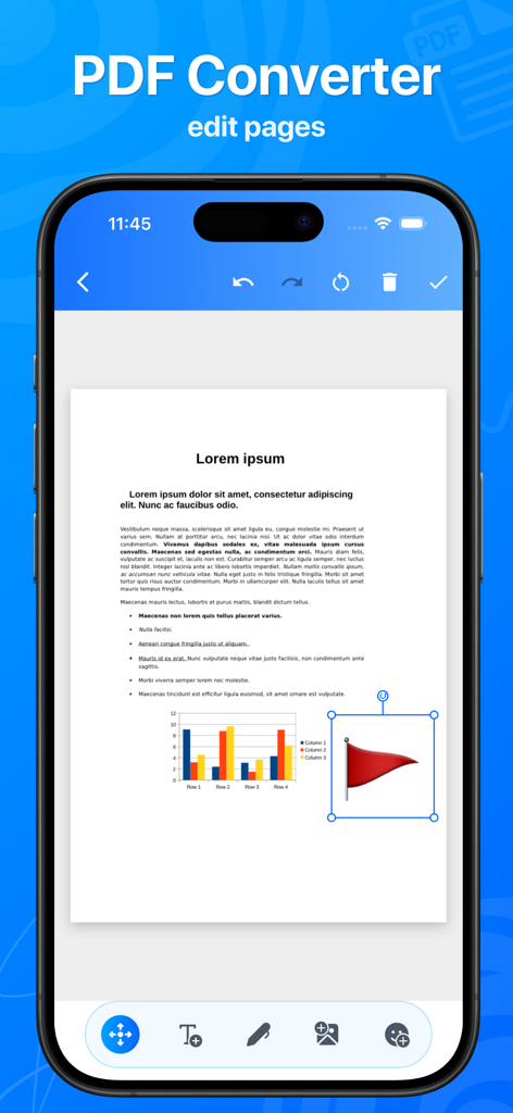 PDF Converter - PDFconvert - PDF Converter app interface showing the edit pages screen with a document and editing tools.