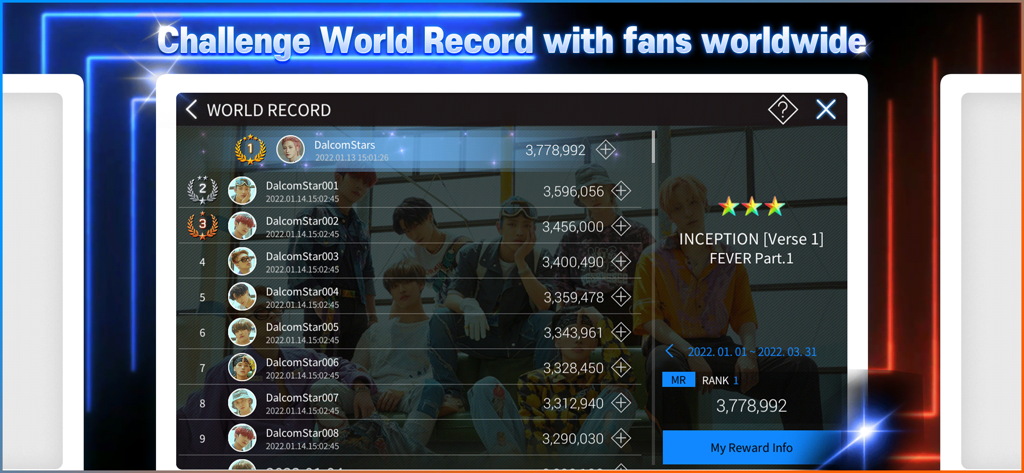 World record ranking screen in Superstar ATEEZ showing global fan scores and song information.