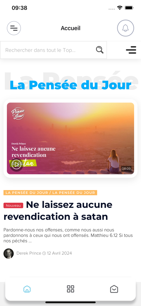 TopChrétien - TopChretien mobile app home screen showing the daily thought meditation titled La Pensee du Jour.