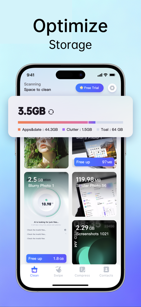 Interface of the Clean Up app showing storage optimization features with categories for blurry photos and similar media to delete.