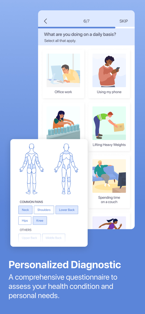 My Care Coach - Uma tela de diagnóstico personalizada no aplicativo My Care Coach mostrando um questionário para atividades diárias e um mapa corporal para selecionar áreas de dor.