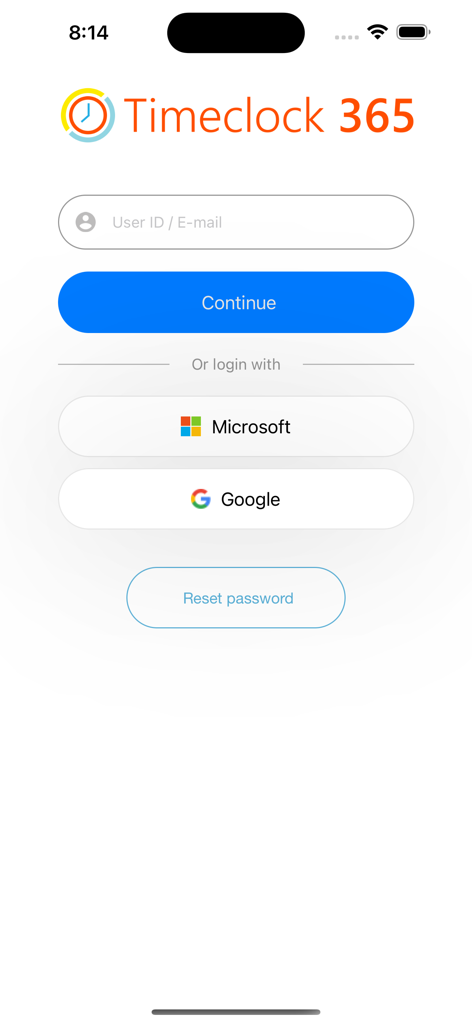 Timeclock 365 Time Tracker - Login screen of Timeclock 365 mobile app with Microsoft and Google login options