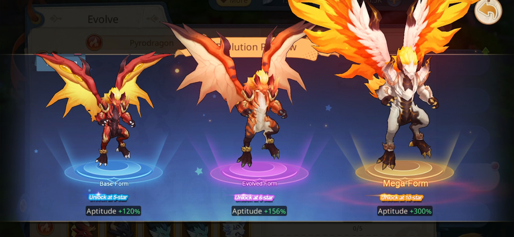 Guardians of Cloudia - Tres etapas de evolución del Dragón de Fuego en Guardians of Cloudia: formas base, evolucionada y mega.