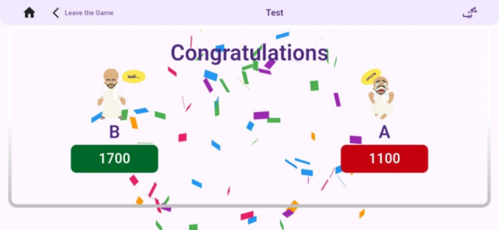فكر فيها (Faker Feha) - Una schermata di congratulazioni nell'app di quiz Faker Feha che mostra i punteggi della partita e coriandoli che cadono.