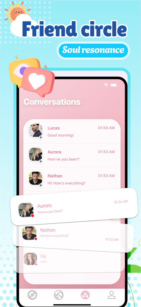 Travelmate-Fun Life - Una captura de pantalla de la aplicación Travelmate que muestra una interfaz de chat titulada Círculo de amigos con una lista de conversaciones activas de viajeros.