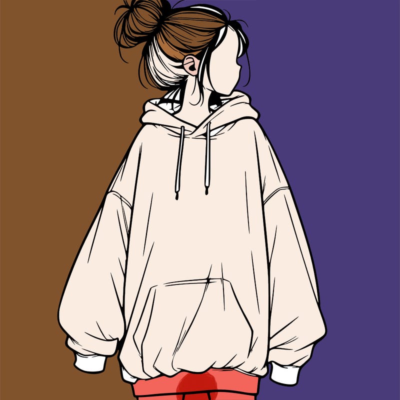 realistic girl with a oversized sweatshirt on and a bun