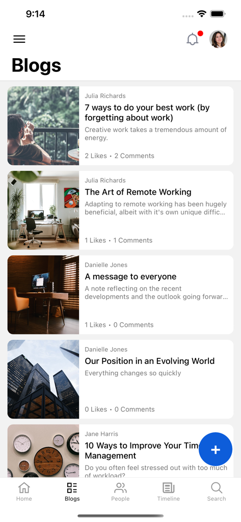 Mobile app screen displaying a feed of internal corporate blog posts from the Interact intranet platform.