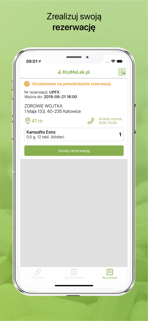 Tela de smartphone mostrando uma reserva de medicamento pendente no aplicativo KtoMaLek, incluindo detalhes da farmácia e informações do medicamento