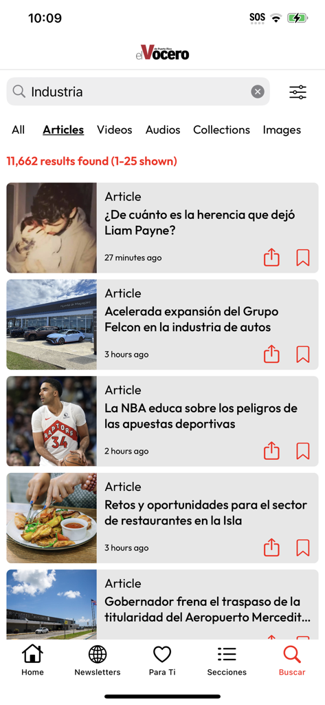 Una lista de resultados de búsqueda de noticias sobre temas de la industria en la interfaz de la aplicación móvil El Vocero de Puerto Rico.