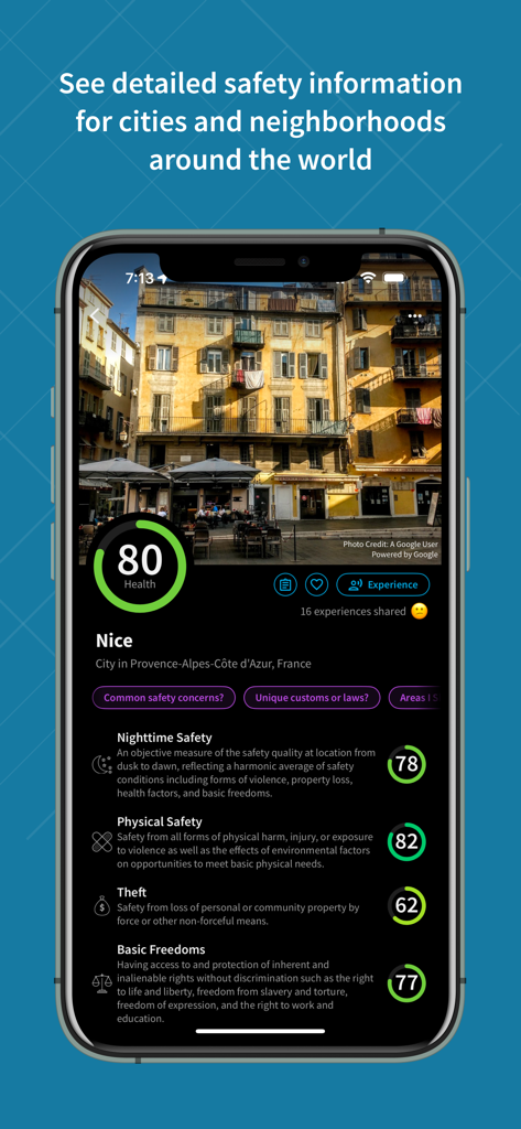 GeoSure-App, die detaillierte Sicherheitsbewertungen für Nizza, Frankreich, anzeigt, einschließlich Nacht- und physischer Sicherheit