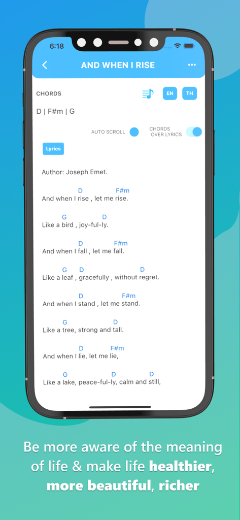 Plum Village Songs app interface showing mindfulness song lyrics and guitar chords