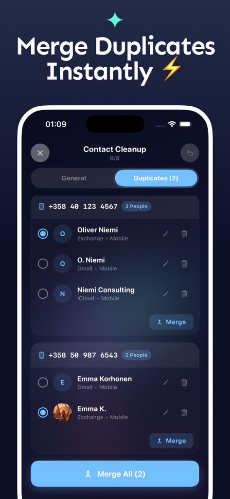 Screenshot of Clean Up AI app showing the contact management interface for merging duplicate phone entries on an iPhone