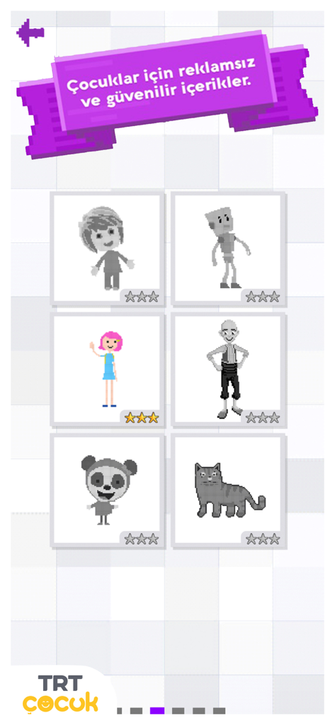 Menu di selezione nell'app TRT Pixel Coloring che mostra diversi modelli di personaggi da colorare.