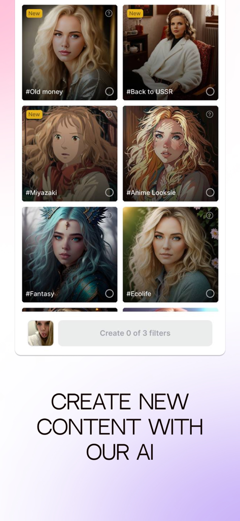 LOOKY app interface showing various AI content filters like anime fantasy and old money styles