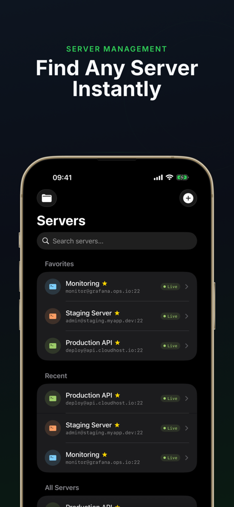 Terminal - SSH Client - Server management screen in the Terminal SSH Client showing favorite and recent server connections with status indicators
