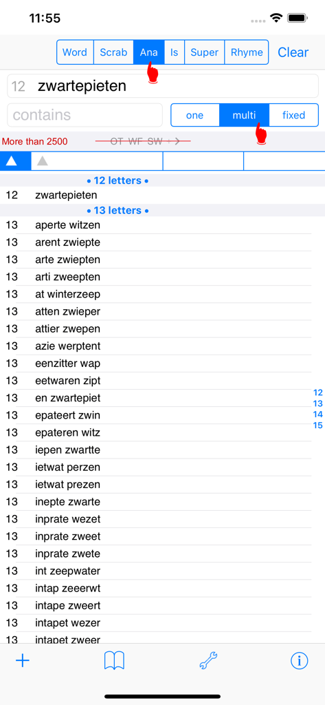 Bildschirm der niederländischen Wortfinder-App, der Mehrwort-Anagrammergebnisse für das Wort 'zwartepieten' anzeigt