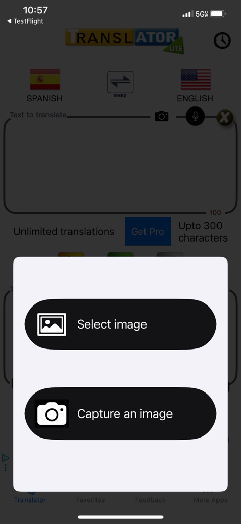 スペイン語に翻訳する画像を選択またはキャプチャするためのメニュー