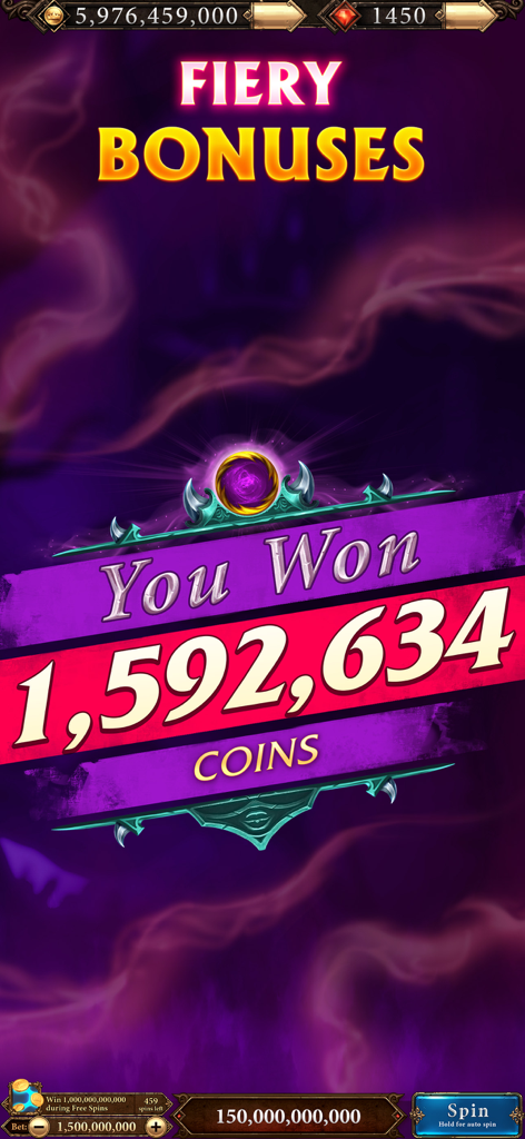 Scatter Slots - Slot Machines - Scatter Slots game screen showing a big coin win of over one point five million coins with fiery bonuses
